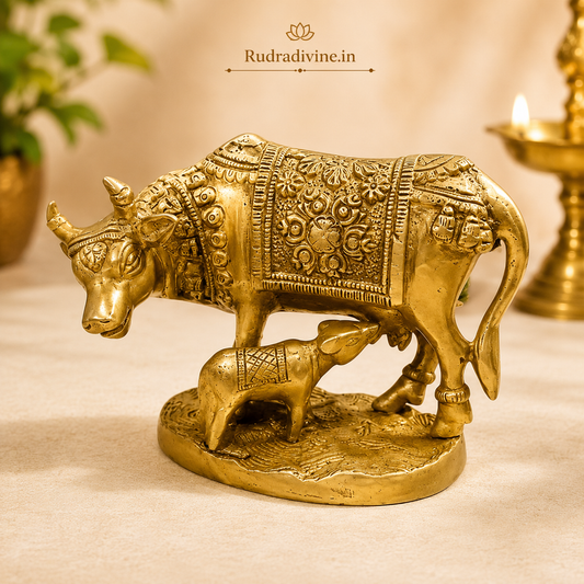 Brass Kamdhenu Cow idol crafted in premium brass with official Lab Certificate by Rudradivine for Vastu, prosperity, home temple décor and spiritual blessings.