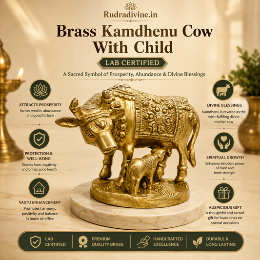 Brass Kamdhenu Cow idol crafted in premium brass with official Lab Certificate by Rudradivine for Vastu, prosperity, home temple décor and spiritual blessings.