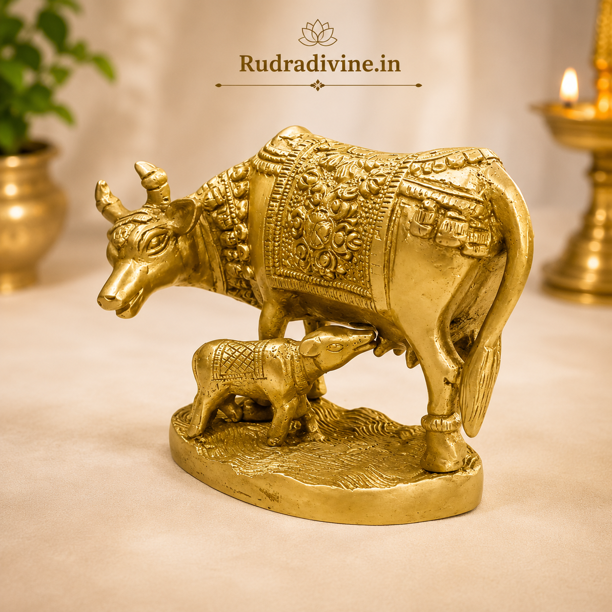 Brass Kamdhenu Cow idol crafted in premium brass with official Lab Certificate by Rudradivine for Vastu, prosperity, home temple décor and spiritual blessings.
