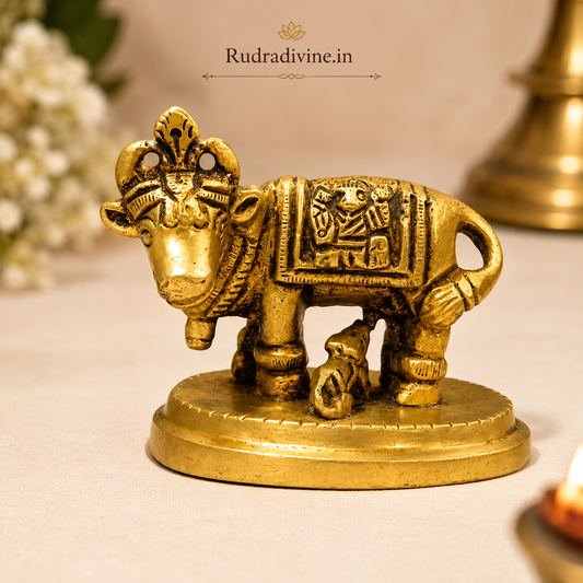 Brass Kamdhenu Cow With Child crafted from premium brass with official Lab Certificate by Rudradivine for home temple, Vastu, pooja, prosperity and divine blessings.