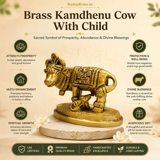 Brass Kamdhenu Cow With Child crafted from premium brass with official Lab Certificate by Rudradivine for home temple, Vastu, pooja, prosperity and divine blessings.