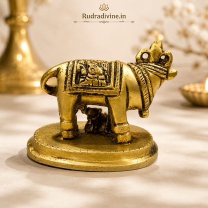 Brass Kamdhenu Cow With Child crafted from premium brass with official Lab Certificate by Rudradivine for home temple, Vastu, pooja, prosperity and divine blessings.