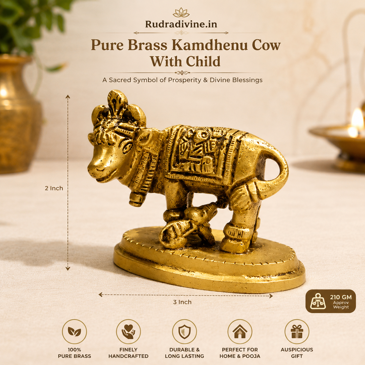 Brass Kamdhenu Cow With Child crafted from premium brass with official Lab Certificate by Rudradivine for home temple, Vastu, pooja, prosperity and divine blessings.