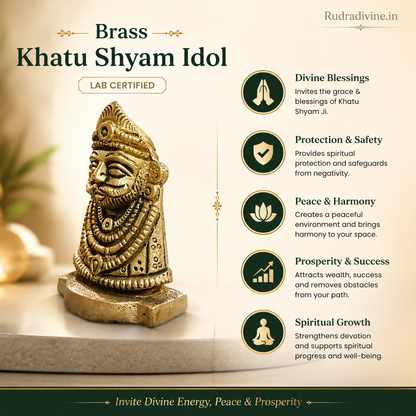 Brass Khatu Shyam Idol with premium brass craftsmanship and official Lab Certificate by Rudradivine for home temple, pooja, spiritual décor and blessings.