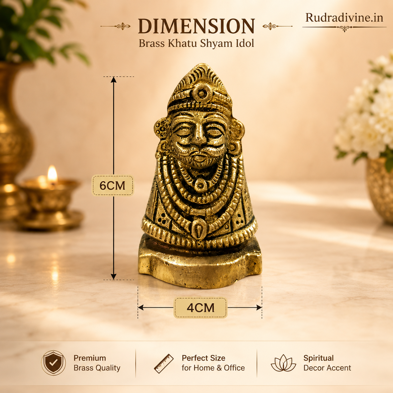 Brass Khatu Shyam Idol with premium brass craftsmanship and official Lab Certificate by Rudradivine for home temple, pooja, spiritual décor and blessings.