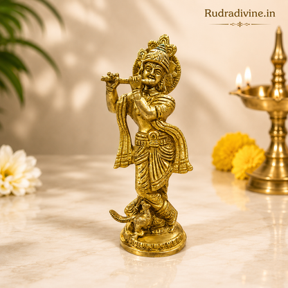 Brass Krishan Ji Murti handcrafted in pure brass with official Lab Certificate by Rudradivine, ideal for home temple, daily pooja and divine blessings.
