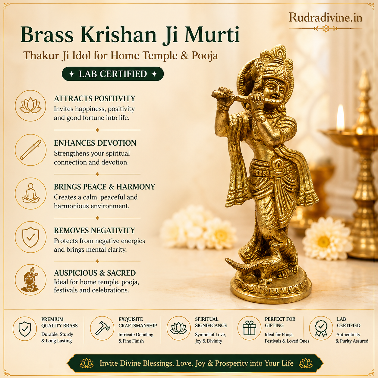 Brass Krishan Ji Murti handcrafted in pure brass with official Lab Certificate by Rudradivine, ideal for home temple, daily pooja and divine blessings.