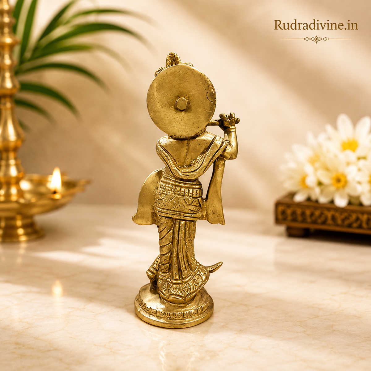 Brass Krishan Ji Murti handcrafted in pure brass with official Lab Certificate by Rudradivine, ideal for home temple, daily pooja and divine blessings.