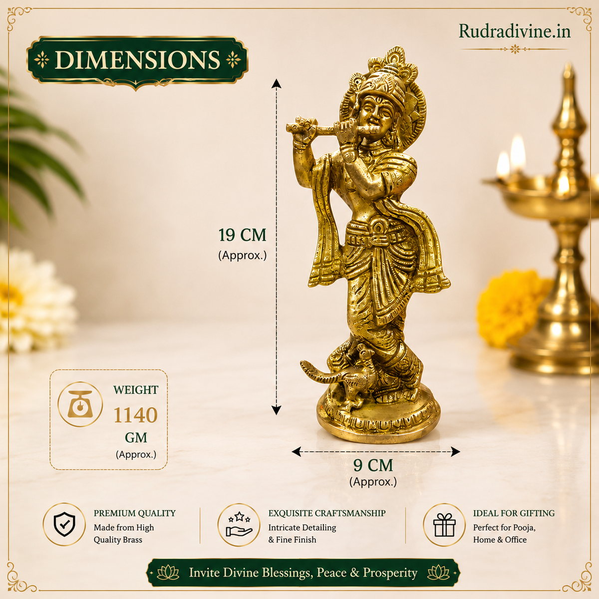 Brass Krishan Ji Murti handcrafted in pure brass with official Lab Certificate by Rudradivine, ideal for home temple, daily pooja and divine blessings.