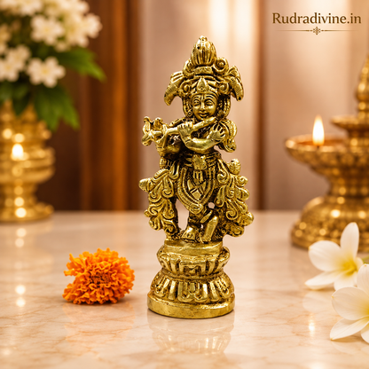 Brass Krishna Ji Idol for home temple and pooja, premium Thakur Ji brass murti with official Lab Certificate by Rudradivine for divine blessings and devotion.