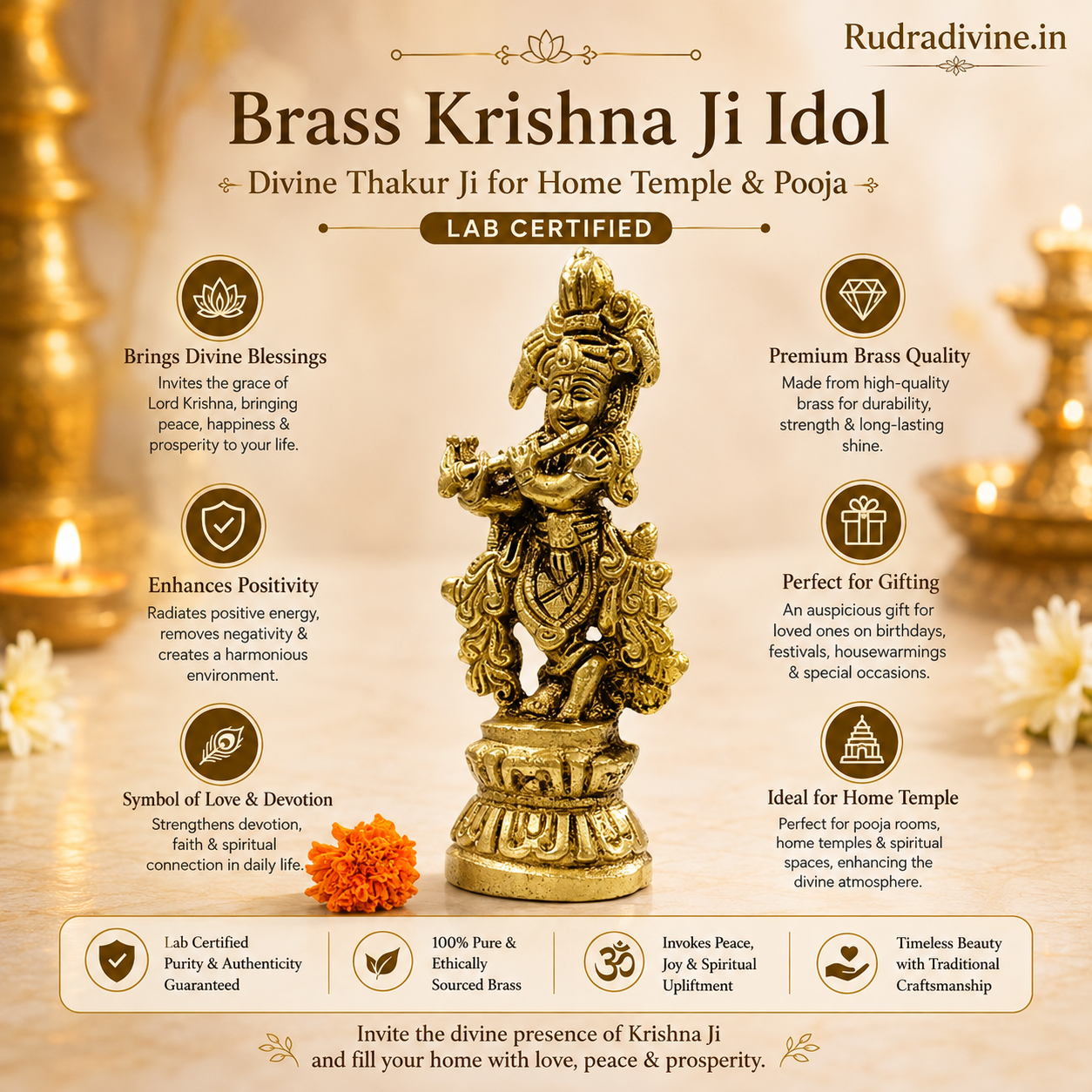 Brass Krishna Ji Idol for home temple and pooja, premium Thakur Ji brass murti with official Lab Certificate by Rudradivine for divine blessings and devotion.