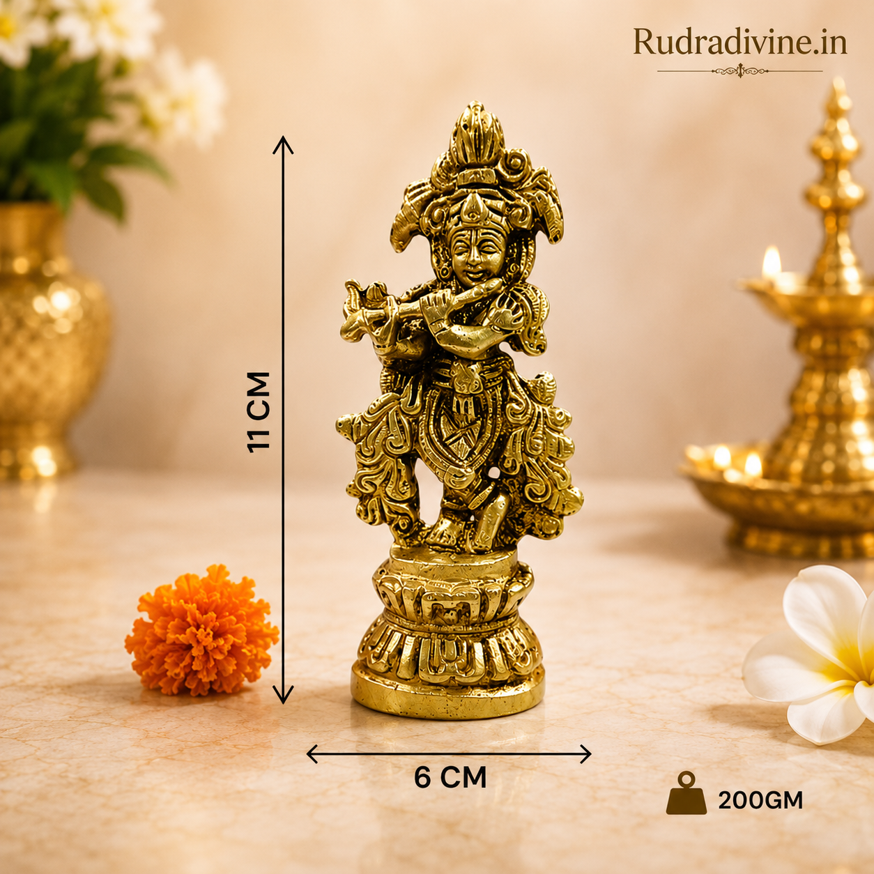 Brass Krishna Ji Idol for home temple and pooja, premium Thakur Ji brass murti with official Lab Certificate by Rudradivine for divine blessings and devotion.