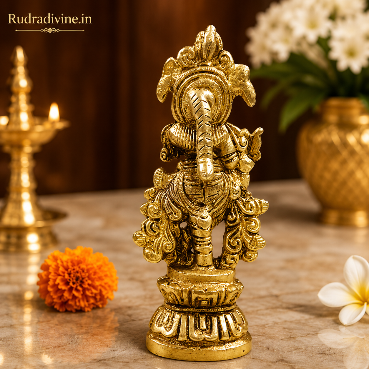 Brass Krishna Ji Idol for home temple and pooja, premium Thakur Ji brass murti with official Lab Certificate by Rudradivine for divine blessings and devotion.