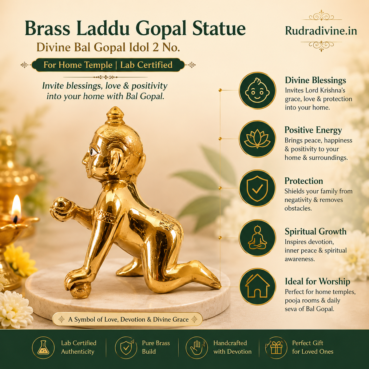 Brass Laddu Gopal Statue 2 No. with official Lab Certificate by Rudradivine for home temple, Janmashtami worship, divine blessings, peace, joy and prosperity.