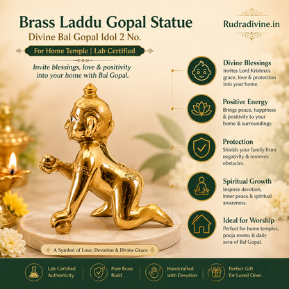 Brass Laddu Gopal Statue 2 No. with official Lab Certificate by Rudradivine for home temple, Janmashtami worship, divine blessings, peace, joy and prosperity.