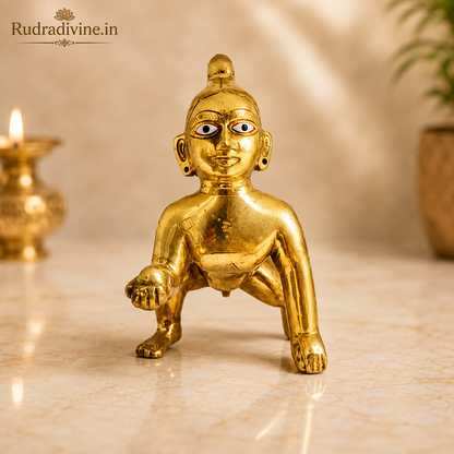 Large Brass Ladoo Gopal Idol crafted with premium quality brass and official Lab Certificate by Rudradivine for home pooja, temple decoration and divine blessings.