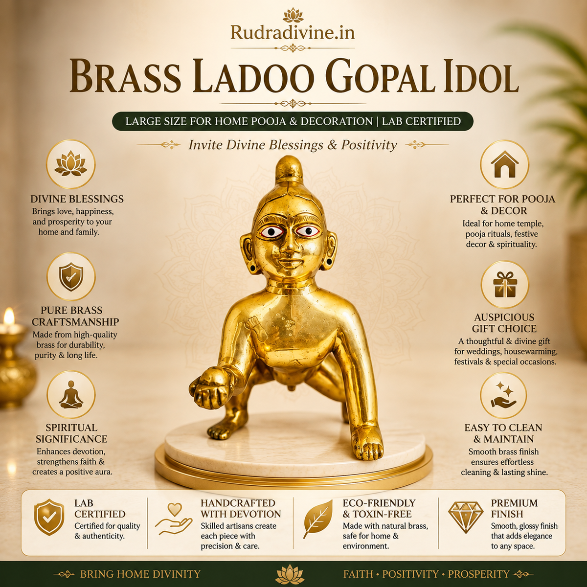 Large Brass Ladoo Gopal Idol crafted with premium quality brass and official Lab Certificate by Rudradivine for home pooja, temple decoration and divine blessings.