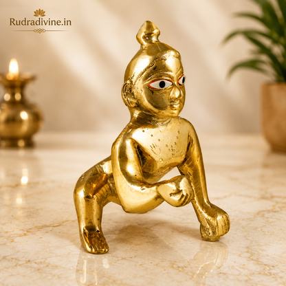 Large Brass Ladoo Gopal Idol crafted with premium quality brass and official Lab Certificate by Rudradivine for home pooja, temple decoration and divine blessings.
