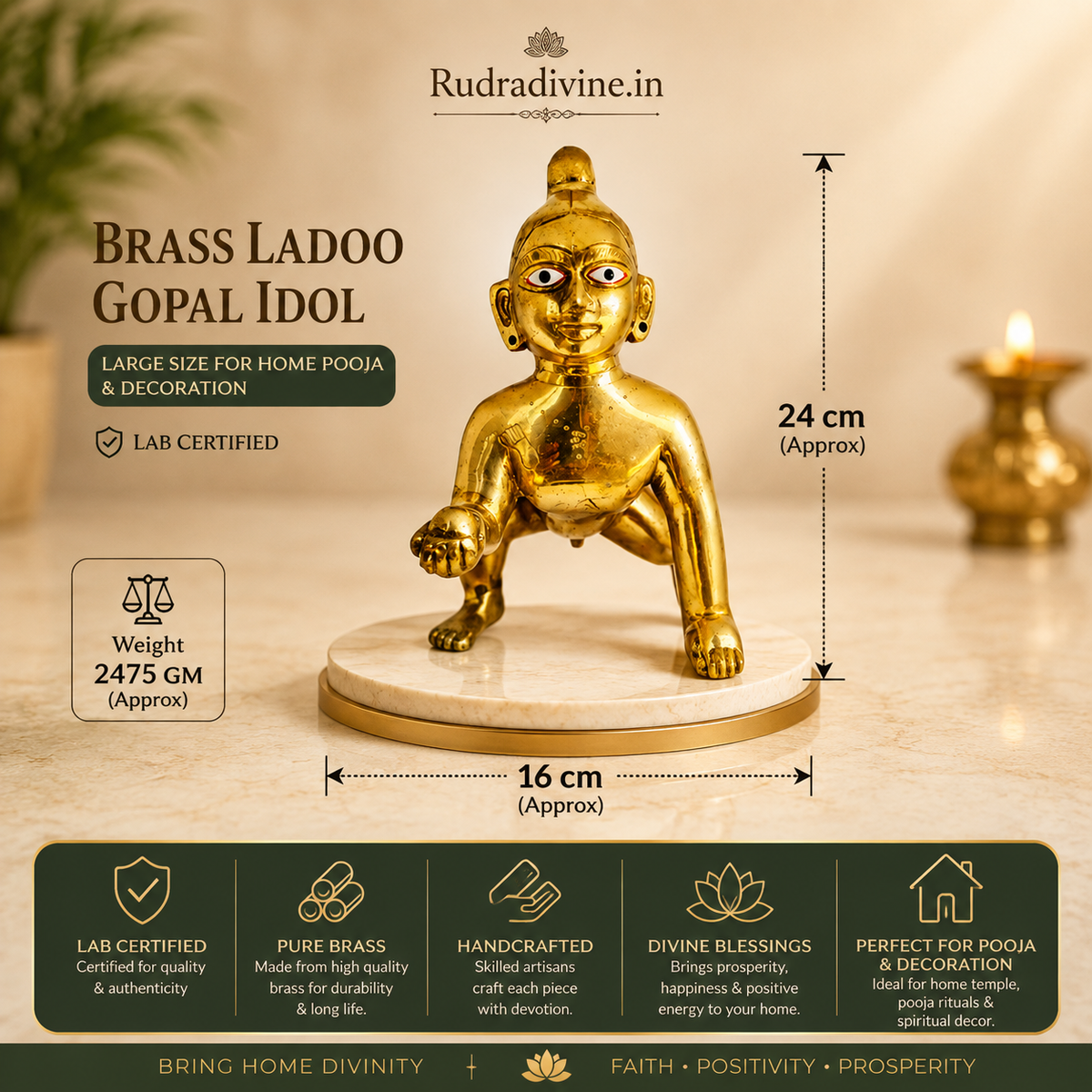 Large Brass Ladoo Gopal Idol crafted with premium quality brass and official Lab Certificate by Rudradivine for home pooja, temple decoration and divine blessings.