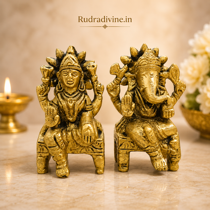 Brass Lakshmi Ganesh Ji Idol crafted from premium quality brass with official Lab Certificate by Rudradivine for prosperity, wisdom, home temple worship and Vastu blessings.