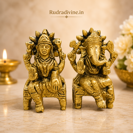Brass Lakshmi Ganesh Ji Idol crafted from premium quality brass with official Lab Certificate by Rudradivine for prosperity, wisdom, home temple worship and Vastu blessings.