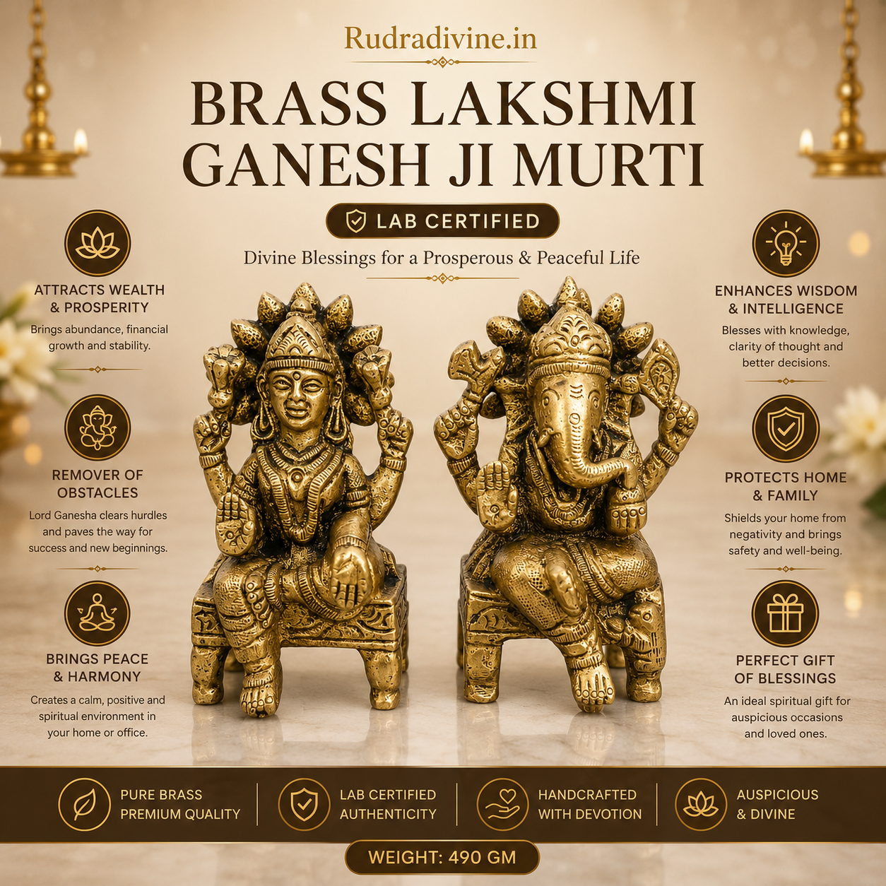 Brass Lakshmi Ganesh Ji Idol crafted from premium quality brass with official Lab Certificate by Rudradivine for prosperity, wisdom, home temple worship and Vastu blessings.