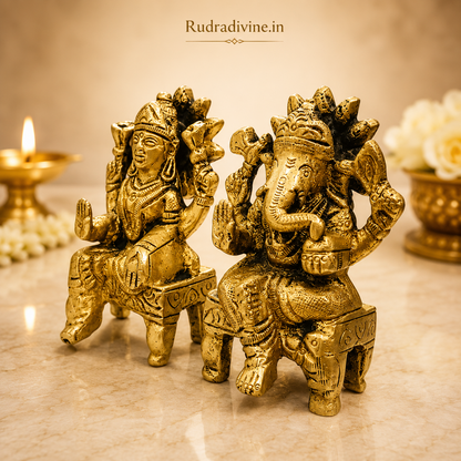Brass Lakshmi Ganesh Ji Idol crafted from premium quality brass with official Lab Certificate by Rudradivine for prosperity, wisdom, home temple worship and Vastu blessings.