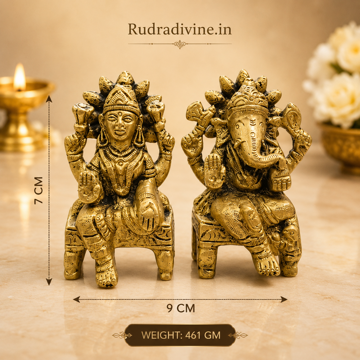 Brass Lakshmi Ganesh Ji Idol crafted from premium quality brass with official Lab Certificate by Rudradivine for prosperity, wisdom, home temple worship and Vastu blessings.