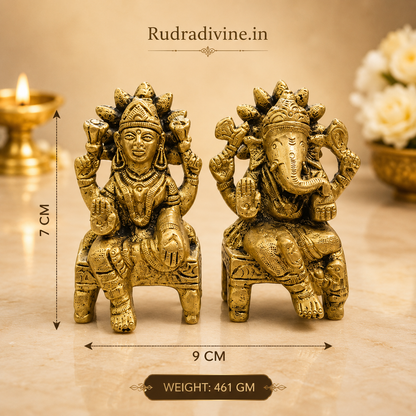 Brass Lakshmi Ganesh Ji Idol crafted from premium quality brass with official Lab Certificate by Rudradivine for prosperity, wisdom, home temple worship and Vastu blessings.