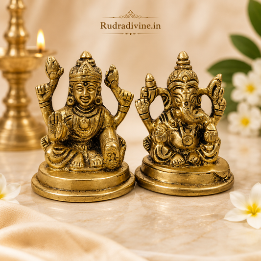 Brass Lakshmi Ganesh Ji Murti crafted from premium brass with official Lab Certificate by Rudradivine for prosperity, success, home temple worship and spiritual décor.