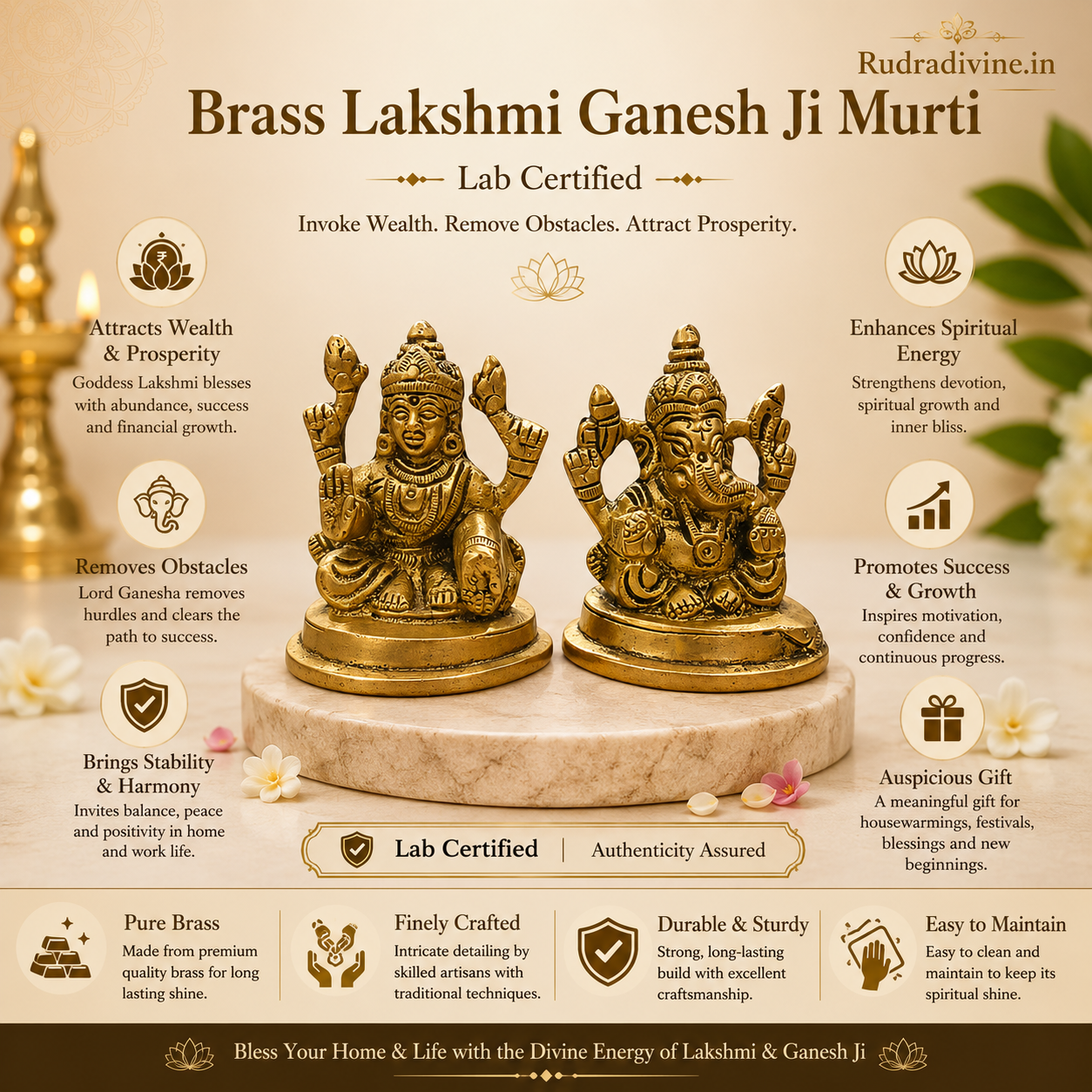Brass Lakshmi Ganesh Ji Murti crafted from premium brass with official Lab Certificate by Rudradivine for prosperity, success, home temple worship and spiritual décor.