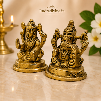 Brass Lakshmi Ganesh Ji Murti crafted from premium brass with official Lab Certificate by Rudradivine for prosperity, success, home temple worship and spiritual décor.