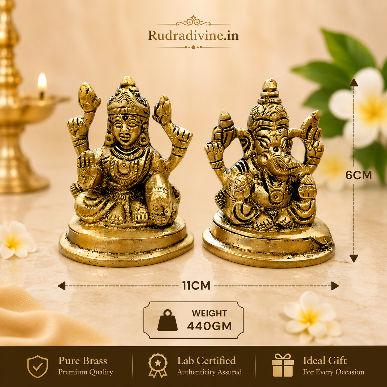 Brass Lakshmi Ganesh Ji Murti crafted from premium brass with official Lab Certificate by Rudradivine for prosperity, success, home temple worship and spiritual décor.