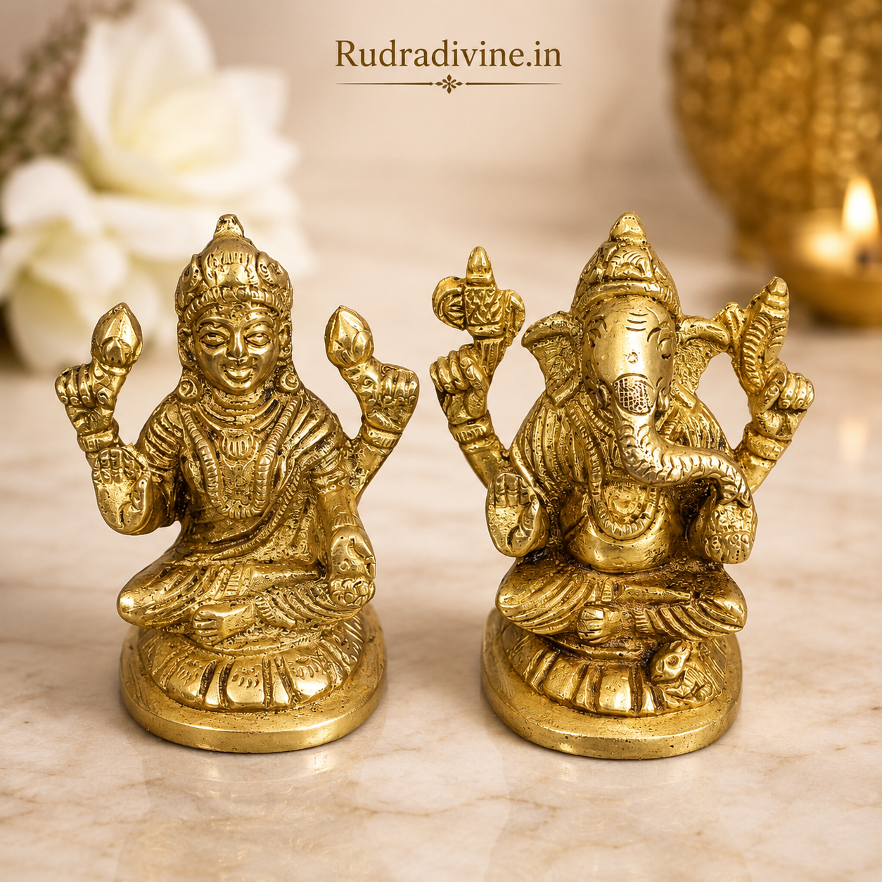 Brass Lakshmi & Ganesh Ji Murti crafted from premium quality brass with official Lab Certificate by Rudradivine for prosperity, wisdom, success and daily worship.