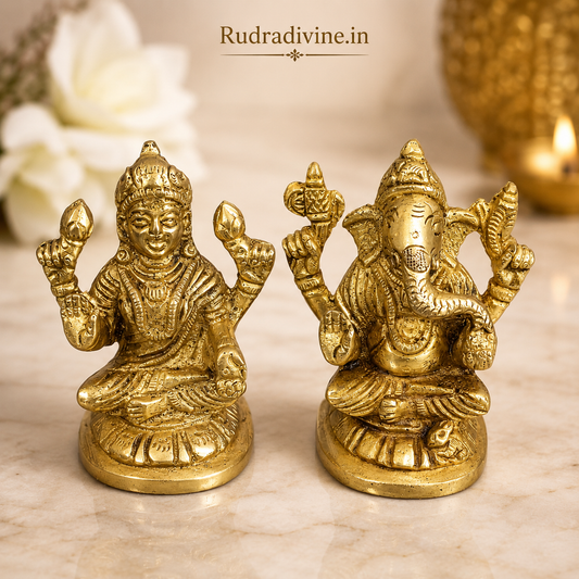 Brass Lakshmi & Ganesh Ji Murti crafted from premium quality brass with official Lab Certificate by Rudradivine for prosperity, wisdom, success and daily worship.