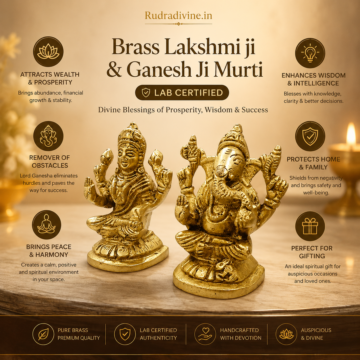 Brass Lakshmi & Ganesh Ji Murti crafted from premium quality brass with official Lab Certificate by Rudradivine for prosperity, wisdom, success and daily worship.
