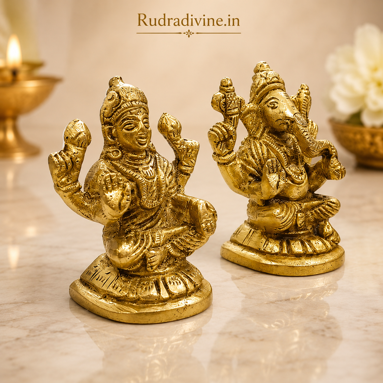 Brass Lakshmi & Ganesh Ji Murti crafted from premium quality brass with official Lab Certificate by Rudradivine for prosperity, wisdom, success and daily worship.