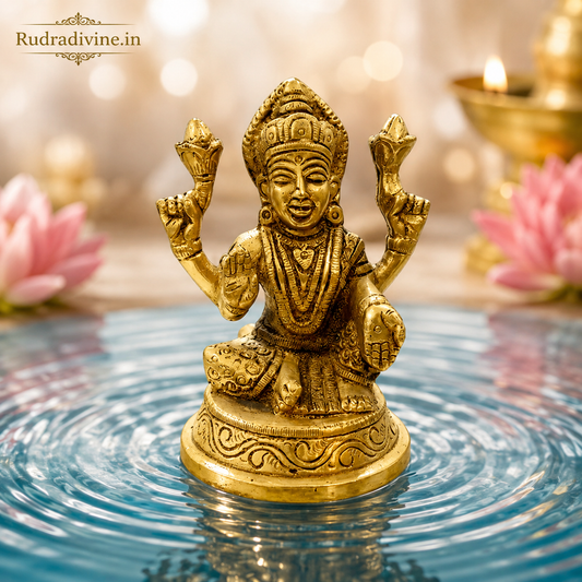 Brass Lakshmi Ji Murti with premium traditional craftsmanship and official Lab Certificate by Rudradivine for home temple, puja, prosperity, and spiritual décor.