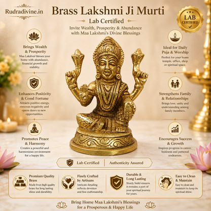 Brass Lakshmi Ji Murti with premium traditional craftsmanship and official Lab Certificate by Rudradivine for home temple, puja, prosperity, and spiritual décor.