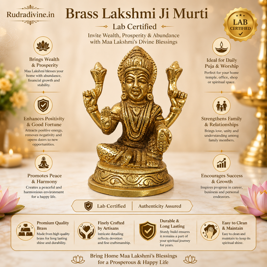 Brass Lakshmi Ji Murti with premium traditional craftsmanship and official Lab Certificate by Rudradivine for home temple, puja, prosperity, and spiritual décor.