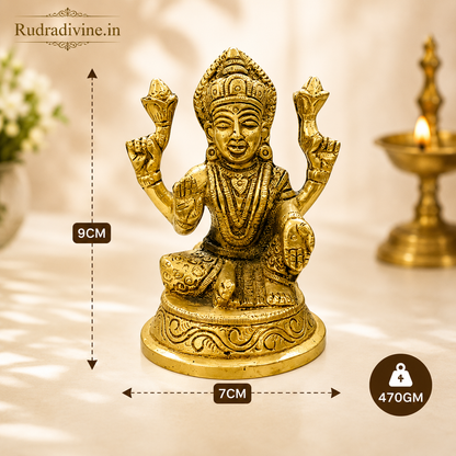 Brass Lakshmi Ji Murti with premium traditional craftsmanship and official Lab Certificate by Rudradivine for home temple, puja, prosperity, and spiritual décor.