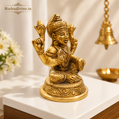 Brass Lakshmi Ji Murti with premium traditional craftsmanship and official Lab Certificate by Rudradivine for home temple, puja, prosperity, and spiritual décor.