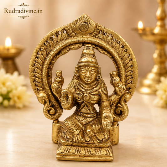 Brass Lakshmi Mata Murti crafted with premium brass and official Lab Certificate by Rudradivine for home temple, daily puja, prosperity, and spiritual décor.