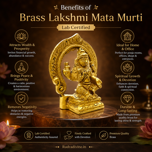 Brass Lakshmi Mata Murti crafted with premium brass and official Lab Certificate by Rudradivine for home temple, daily puja, prosperity, and spiritual décor.