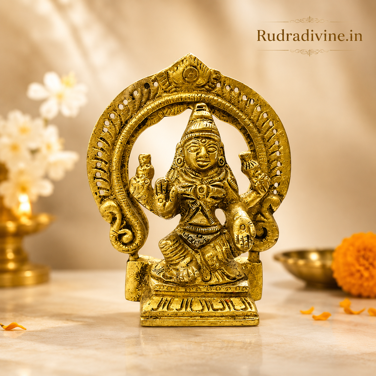 Brass Lakshmi Mata Murti crafted with premium brass and official Lab Certificate by Rudradivine for home temple, daily puja, prosperity, and spiritual décor.