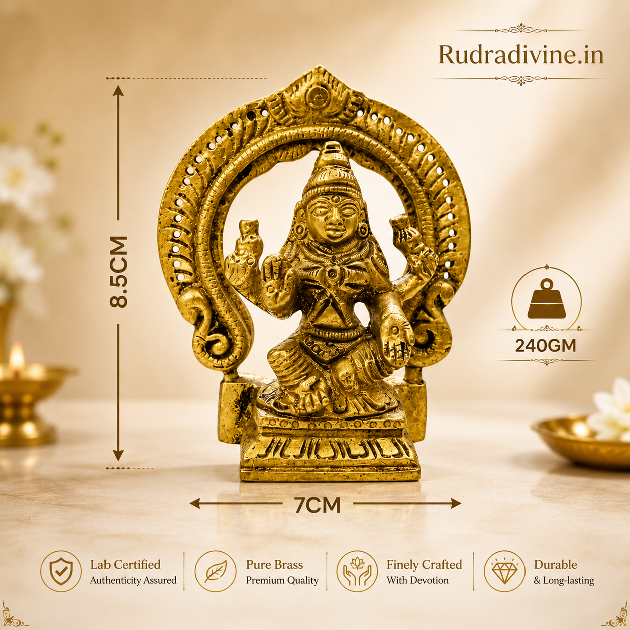 Brass Lakshmi Mata Murti crafted with premium brass and official Lab Certificate by Rudradivine for home temple, daily puja, prosperity, and spiritual décor.
