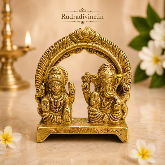 Brass Lakshmi with Ganesh Ji Murti crafted in premium brass with official Lab Certificate by Rudradivine for prosperity, wisdom, pooja and Vastu blessings.