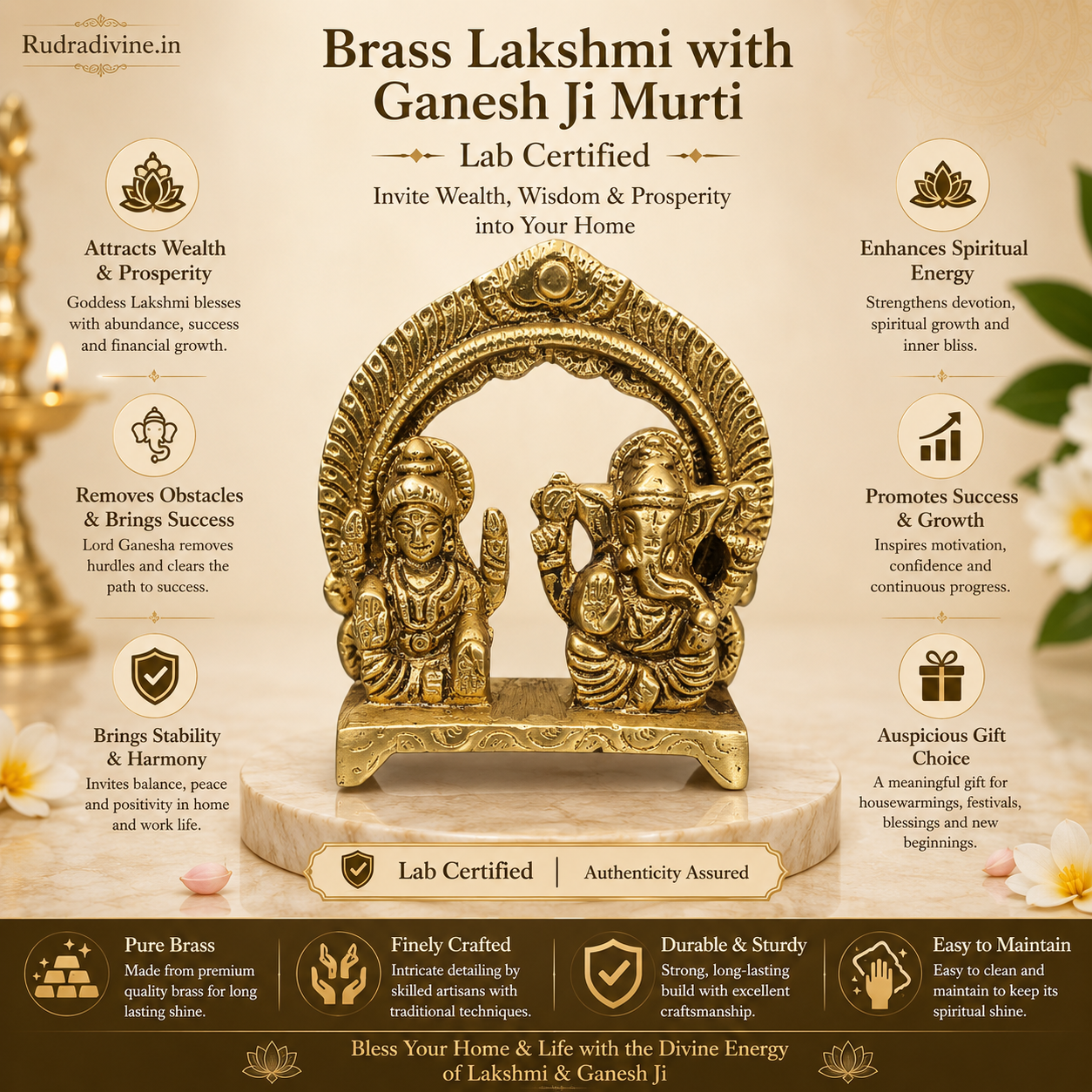 Brass Lakshmi with Ganesh Ji Murti crafted in premium brass with official Lab Certificate by Rudradivine for prosperity, wisdom, pooja and Vastu blessings.