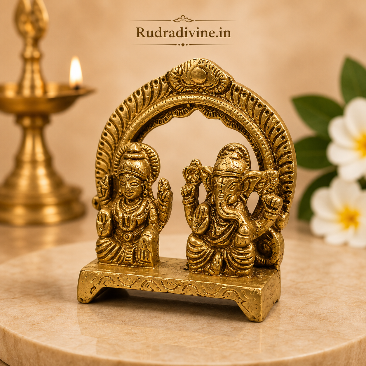 Brass Lakshmi with Ganesh Ji Murti crafted in premium brass with official Lab Certificate by Rudradivine for prosperity, wisdom, pooja and Vastu blessings.