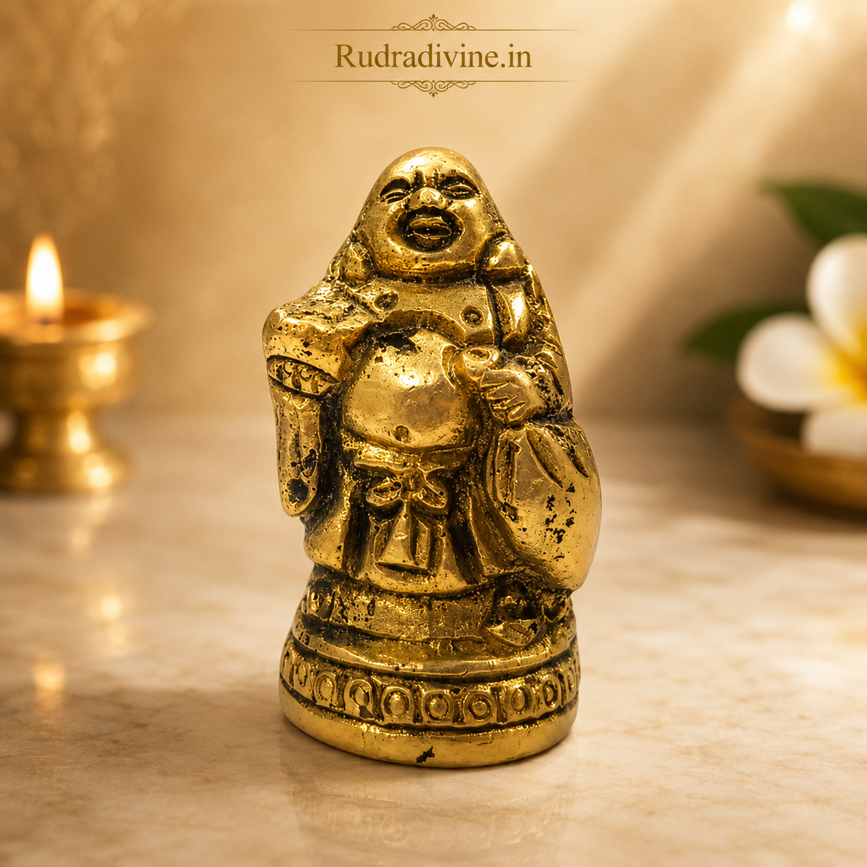 Brass Laughing Buddha Statue crafted from premium brass with official Lab Certificate by Rudradivine for prosperity, happiness, positive energy, wealth, and spiritual home décor.